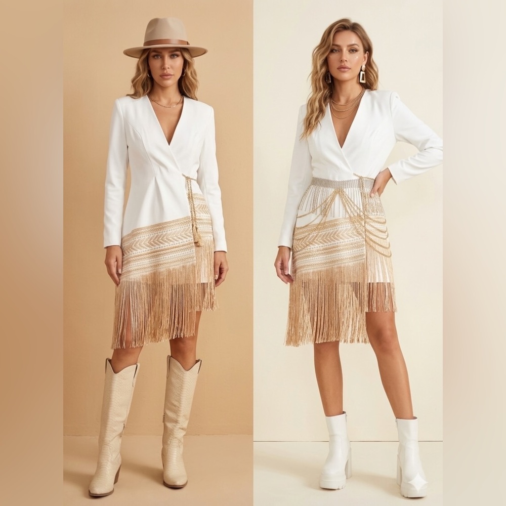 TWO TWIN STYLE White Geometric Embroidered Fringe Blazer Dress Size L